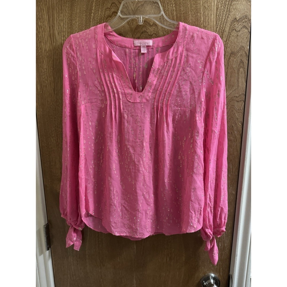 Lilly Pulitzer Colby Sheer Silk Long Sleeve Bright Pink Gold Top Size XXS Light